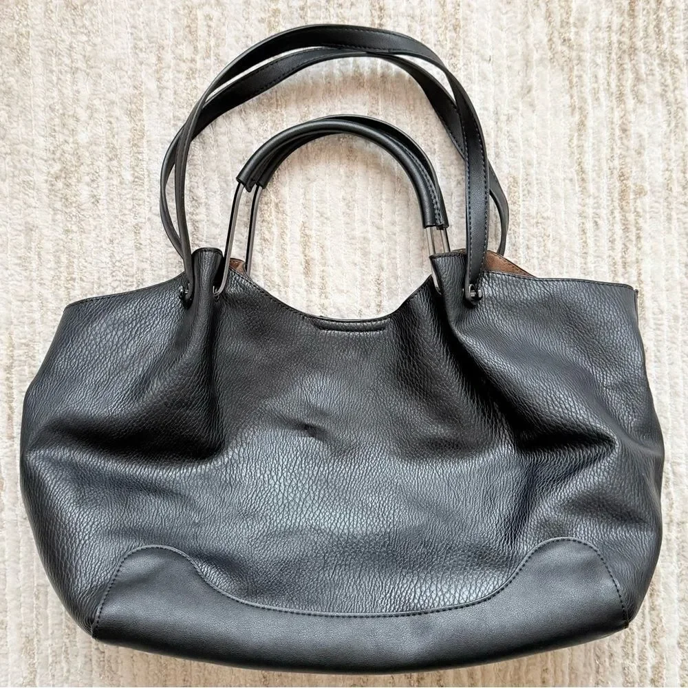 Sondra Roberts SQUARED Black Leather Double Handle Slouchy Shoulder Bag Purse